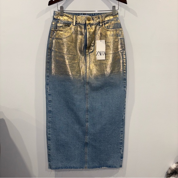 Zara Dresses & Skirts - 611-Nwt Zara Gold and Blue denim Maxi Skirt Size 28